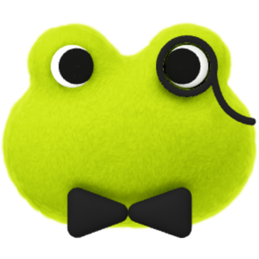 Owen, a lime-green frog with a monocle and bow tie